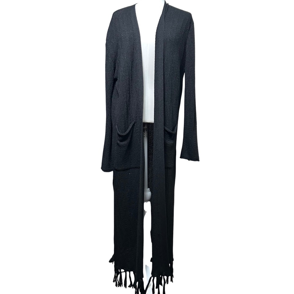 Zara Knit Womens Black Longline Fringe Duster Cardigan Sweater Boho Pockets S
